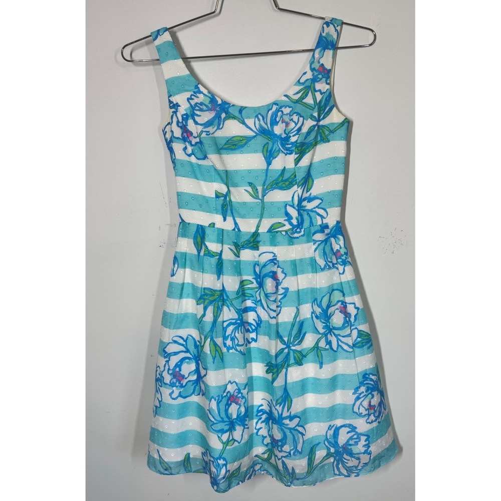 Lilly Pulitzer Roswell Dress Tossing the Line Shorely Blue Stripe Size 00 Resort - Picture 2 of 10